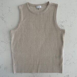 Calvin Klein Neutral Slvless Crew Neck Acrylic Ribbed Knit Top Taupe/Cream Sz S